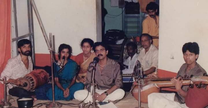 Sri V. S. Janardhanan singing, accompanied by his elder brother V. S. Sankaranarayanan on harmonium and younger brother V. S. Hariharan on mridangam