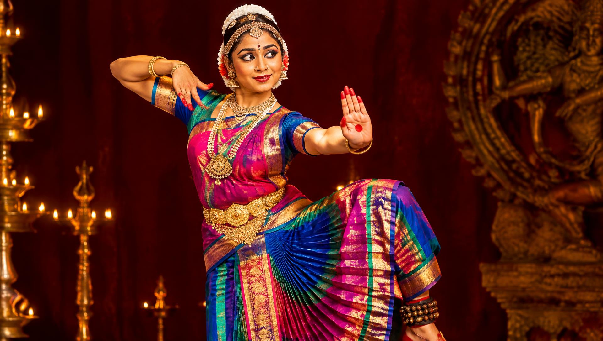Bharatanatyam dancer in vibrant costume performing on a lamp-lit stage